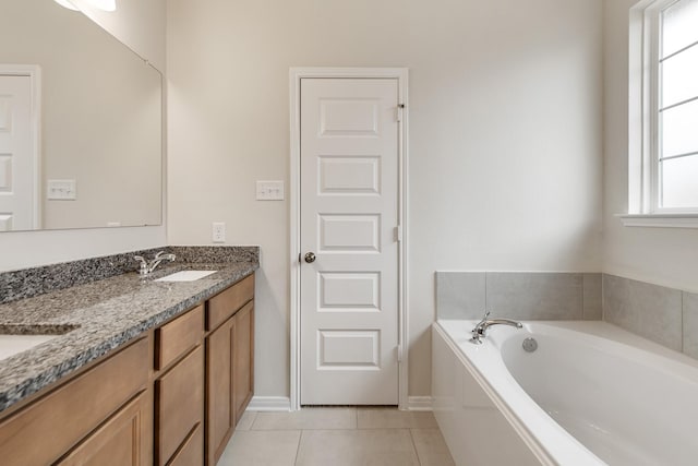 bathroom with vanity, a washtub, and tile patterned floors