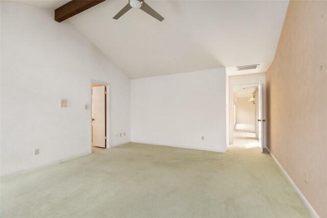 interior space with high vaulted ceiling, ceiling fan, and beamed ceiling