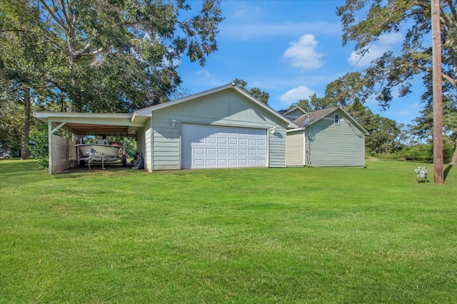 exterior space featuring a garage and a front lawn