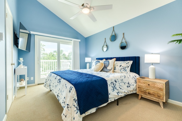 carpeted bedroom featuring vaulted ceiling, ceiling fan, and access to exterior