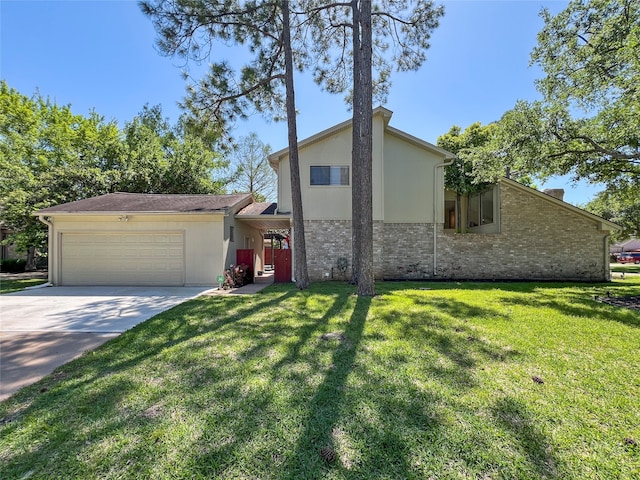 view of side of property featuring a yard and a garage