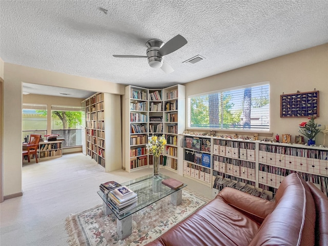 living area featuring a textured ceiling, ceiling fan, and a healthy amount of sunlight