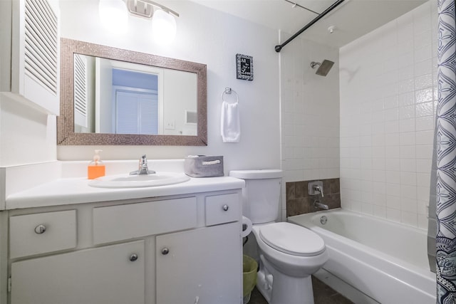 full bathroom featuring vanity, toilet, and shower / bathtub combination with curtain