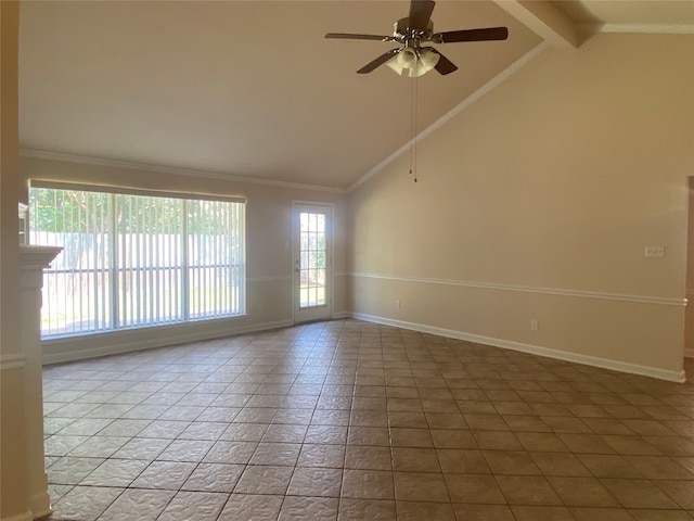 tiled spare room featuring vaulted ceiling with beams, crown molding, and ceiling fan