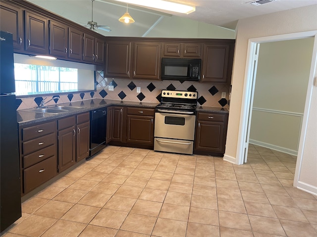 kitchen with ceiling fan, dark brown cabinetry, lofted ceiling, sink, and black appliances