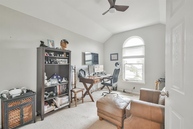 office area featuring carpet floors, vaulted ceiling, a wealth of natural light, and ceiling fan