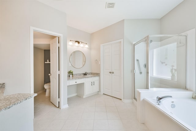 full bathroom with toilet, independent shower and bath, tile patterned floors, and vanity