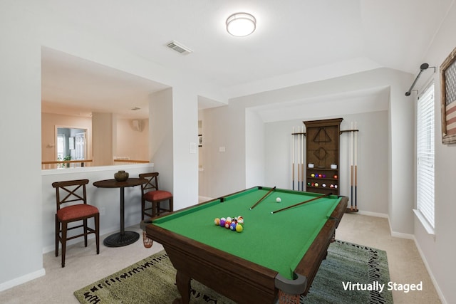 recreation room with billiards and light colored carpet