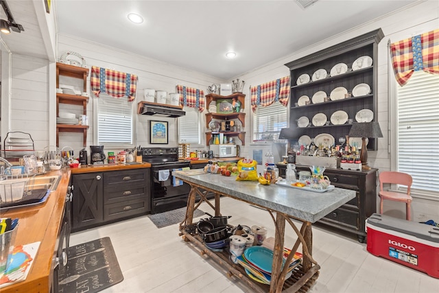 office featuring wooden walls, light hardwood / wood-style floors, and sink