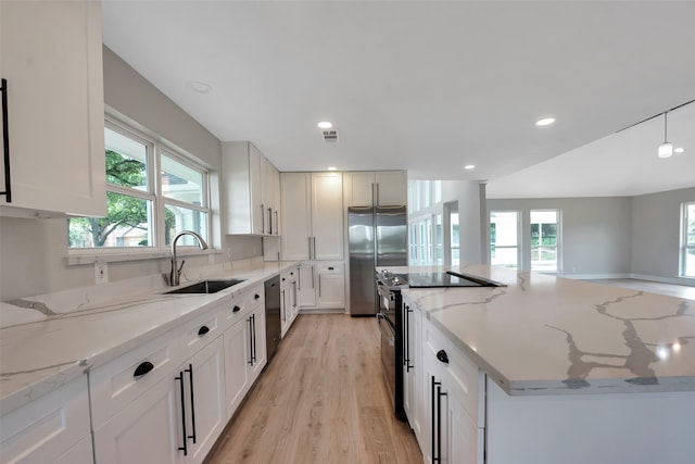 kitchen with light stone countertops, light hardwood / wood-style flooring, a healthy amount of sunlight, and sink