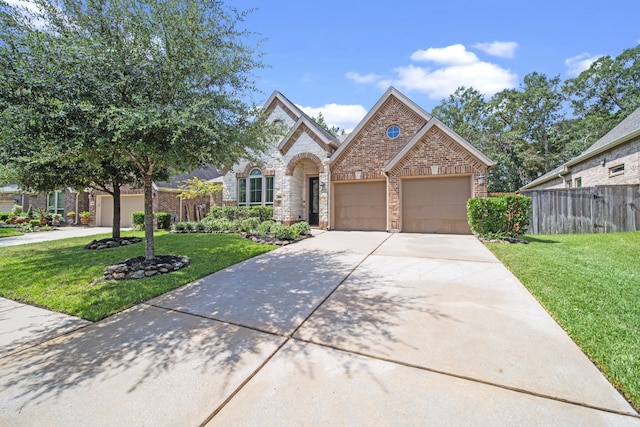 view of front of house with a front yard and a garage