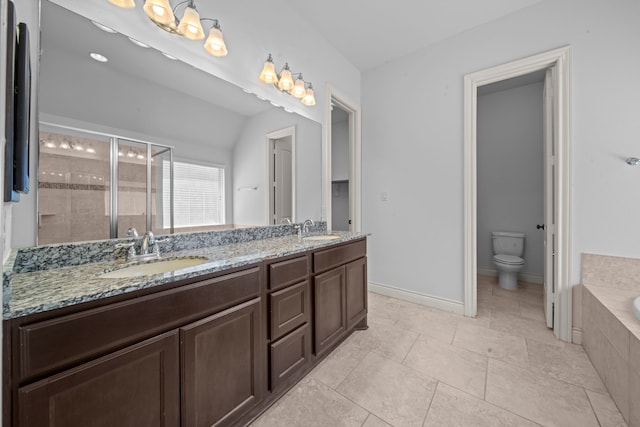 full bathroom with tile patterned floors, vanity, independent shower and bath, toilet, and lofted ceiling