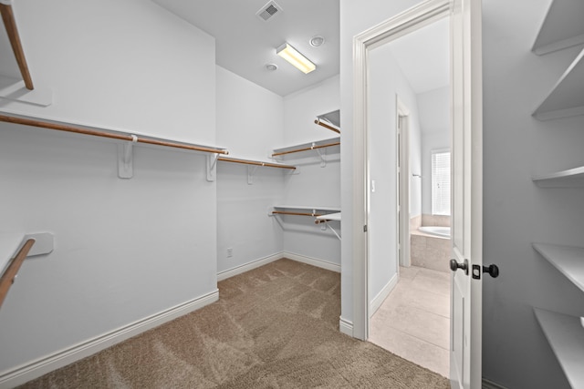 spacious closet featuring light colored carpet