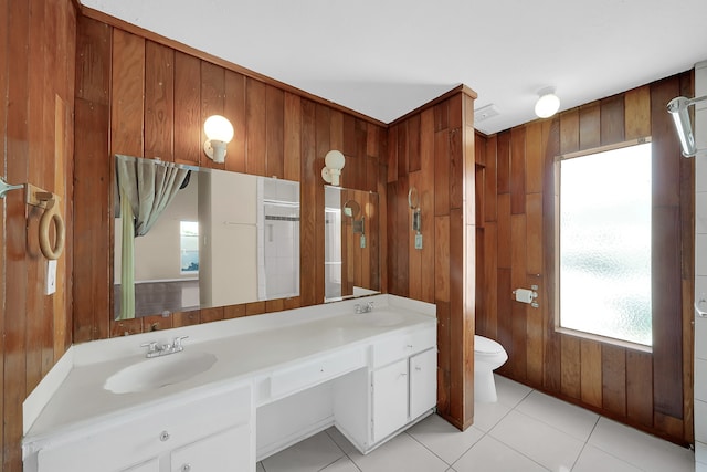 bathroom with vanity, wooden walls, toilet, and tile patterned floors