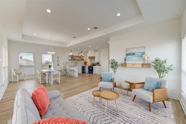 living room featuring light hardwood / wood-style floors and a raised ceiling