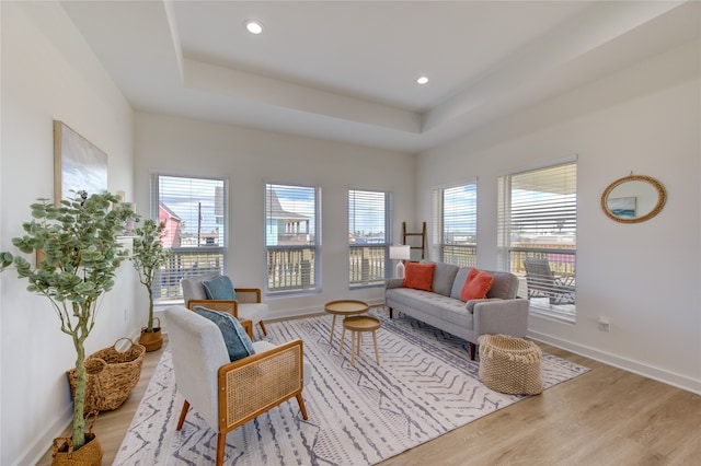 living room with a wealth of natural light, light hardwood / wood-style floors, and a raised ceiling