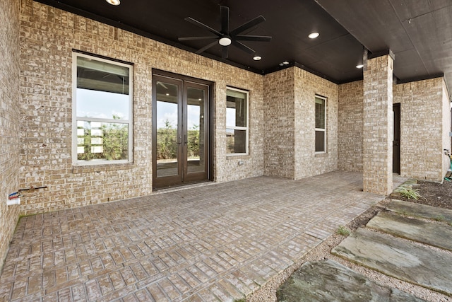 view of patio / terrace with french doors and ceiling fan