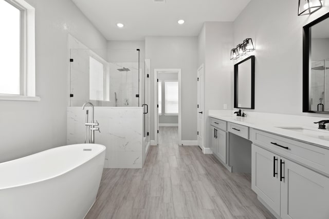 bathroom with vanity, wood-type flooring, and separate shower and tub