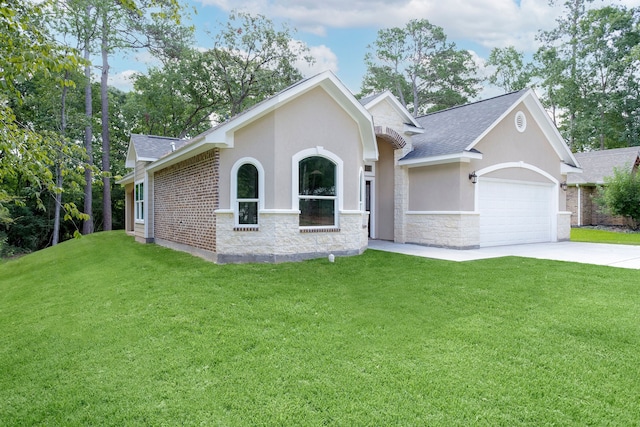 single story home featuring a front yard and a garage