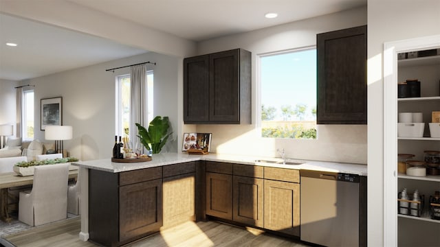 kitchen featuring kitchen peninsula, dark brown cabinets, dishwasher, light hardwood / wood-style floors, and decorative backsplash