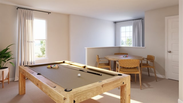 game room featuring plenty of natural light, carpet, and billiards