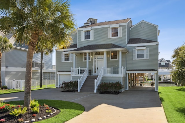 coastal home with a front lawn, a porch, and a garage