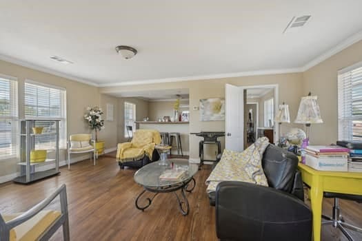 living room featuring dark hardwood / wood-style floors, a healthy amount of sunlight, and crown molding