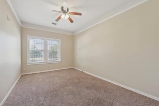 carpeted empty room featuring ceiling fan and crown molding