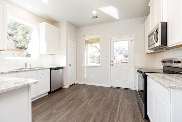 kitchen with white cabinetry, sink, light stone counters, dark hardwood / wood-style flooring, and appliances with stainless steel finishes