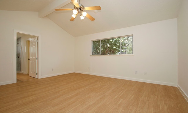 spare room featuring ceiling fan, vaulted ceiling with beams, and light hardwood / wood-style flooring