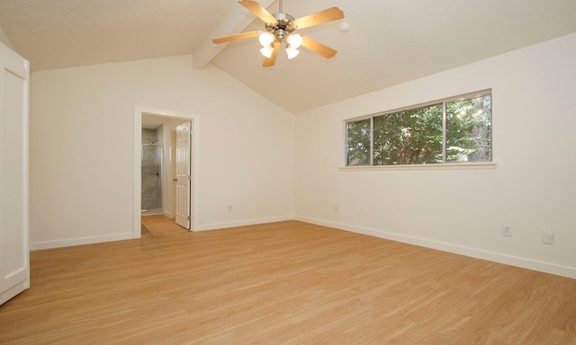 unfurnished room featuring ceiling fan, light hardwood / wood-style flooring, and lofted ceiling with beams