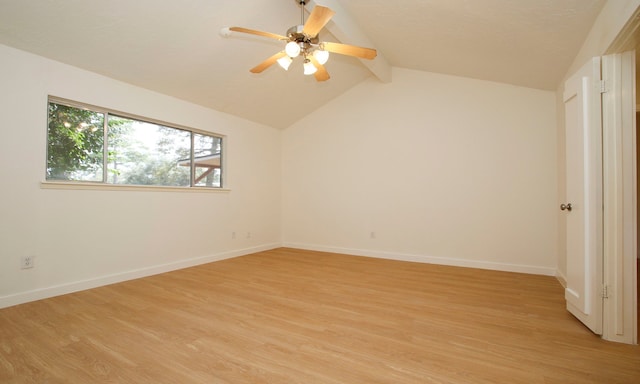 unfurnished bedroom with light hardwood / wood-style flooring, ceiling fan, and lofted ceiling with beams