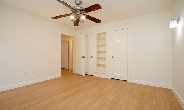 unfurnished bedroom featuring ceiling fan and light hardwood / wood-style flooring