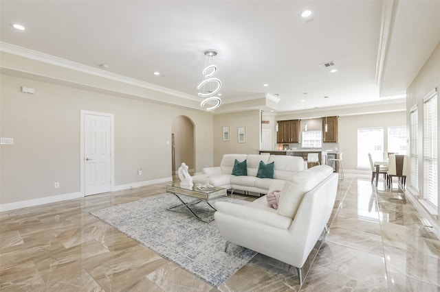 living room with crown molding