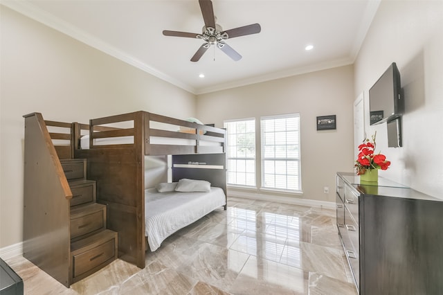 bedroom with ceiling fan and ornamental molding