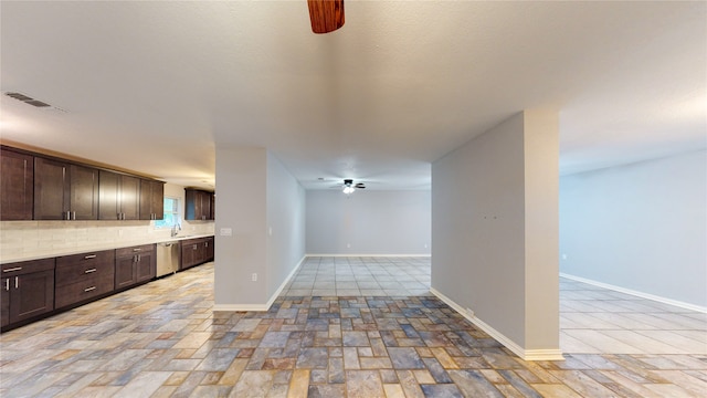 interior space with dark brown cabinets, sink, decorative backsplash, ceiling fan, and stainless steel dishwasher