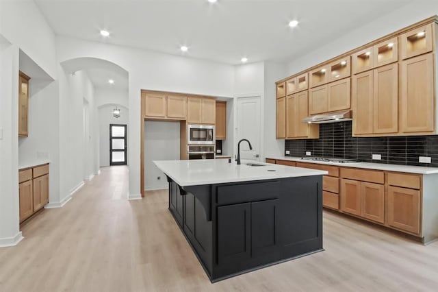 kitchen featuring sink, an island with sink, stainless steel appliances, and light wood-type flooring