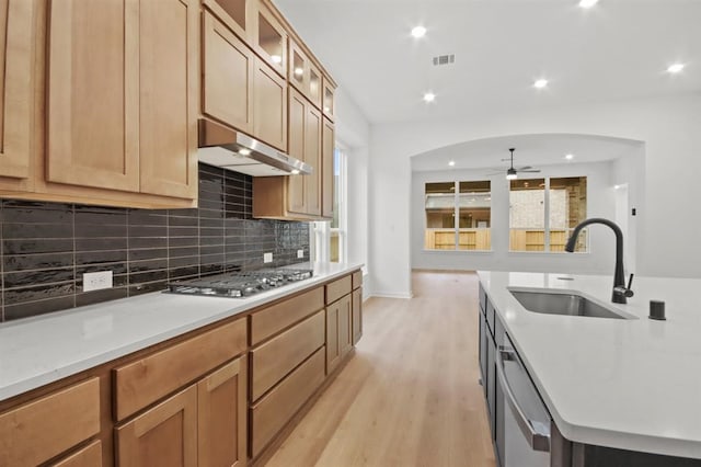 kitchen with sink, ceiling fan, light wood-type flooring, an island with sink, and appliances with stainless steel finishes