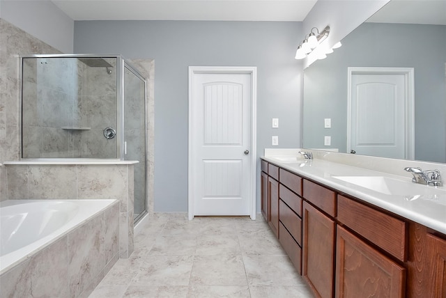 bathroom with independent shower and bath, vanity, and tile patterned flooring