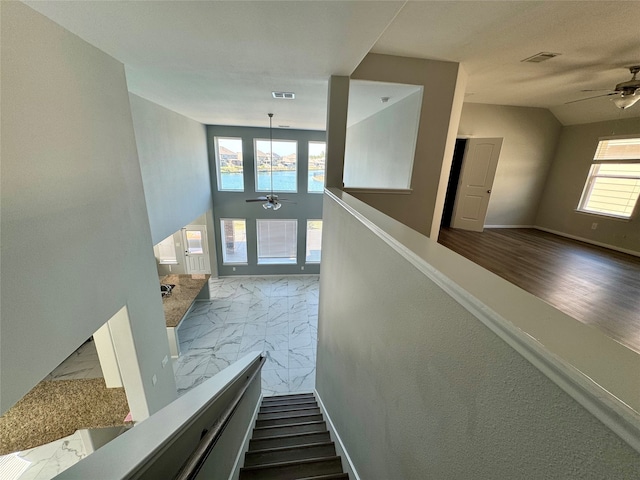 staircase featuring ceiling fan and wood-type flooring