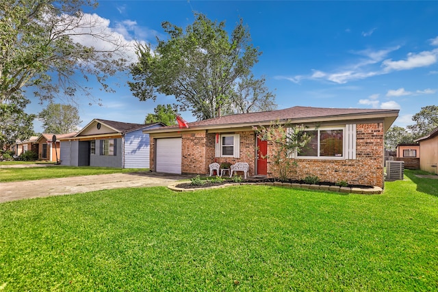 ranch-style house with cooling unit, a front lawn, and a garage