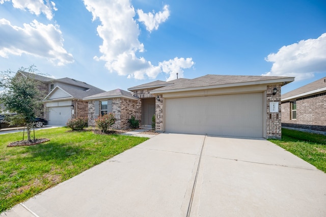 single story home with a garage and a front lawn