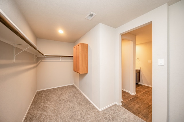 spacious closet featuring light colored carpet