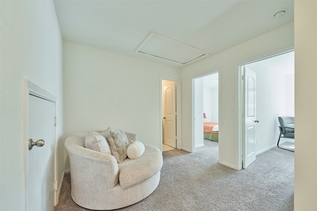 sitting room featuring light carpet