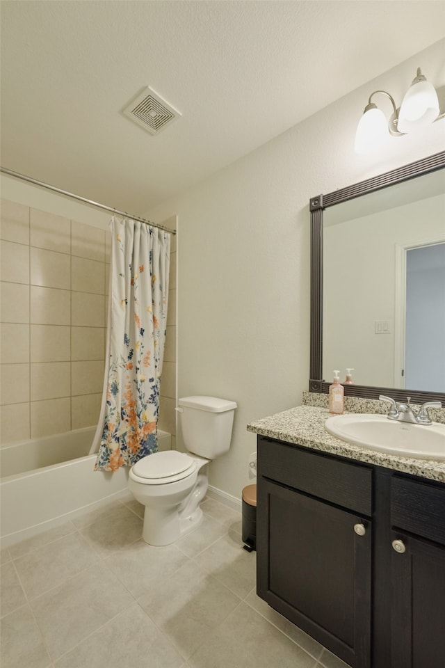 full bathroom with tile patterned flooring, vanity, toilet, and shower / bathtub combination with curtain