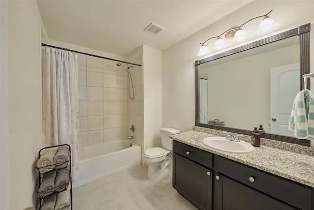 full bathroom featuring shower / bathtub combination with curtain, tile patterned floors, vanity, and toilet