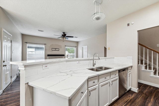 kitchen featuring sink, white cabinets, ceiling fan, stainless steel dishwasher, and dark hardwood / wood-style flooring