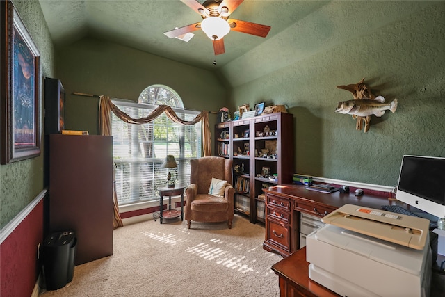 office space featuring a textured ceiling, light colored carpet, and lofted ceiling