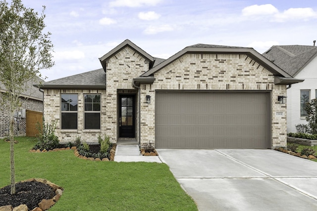 view of front of home featuring driveway, a shingled roof, an attached garage, a front yard, and brick siding