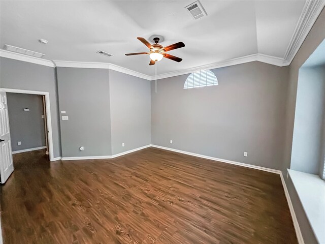 unfurnished room with ceiling fan, dark hardwood / wood-style floors, and crown molding